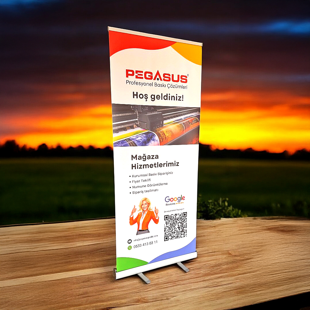 Roll up banner baskı örneği - 85x200 cm ölçü ve branda malzeme